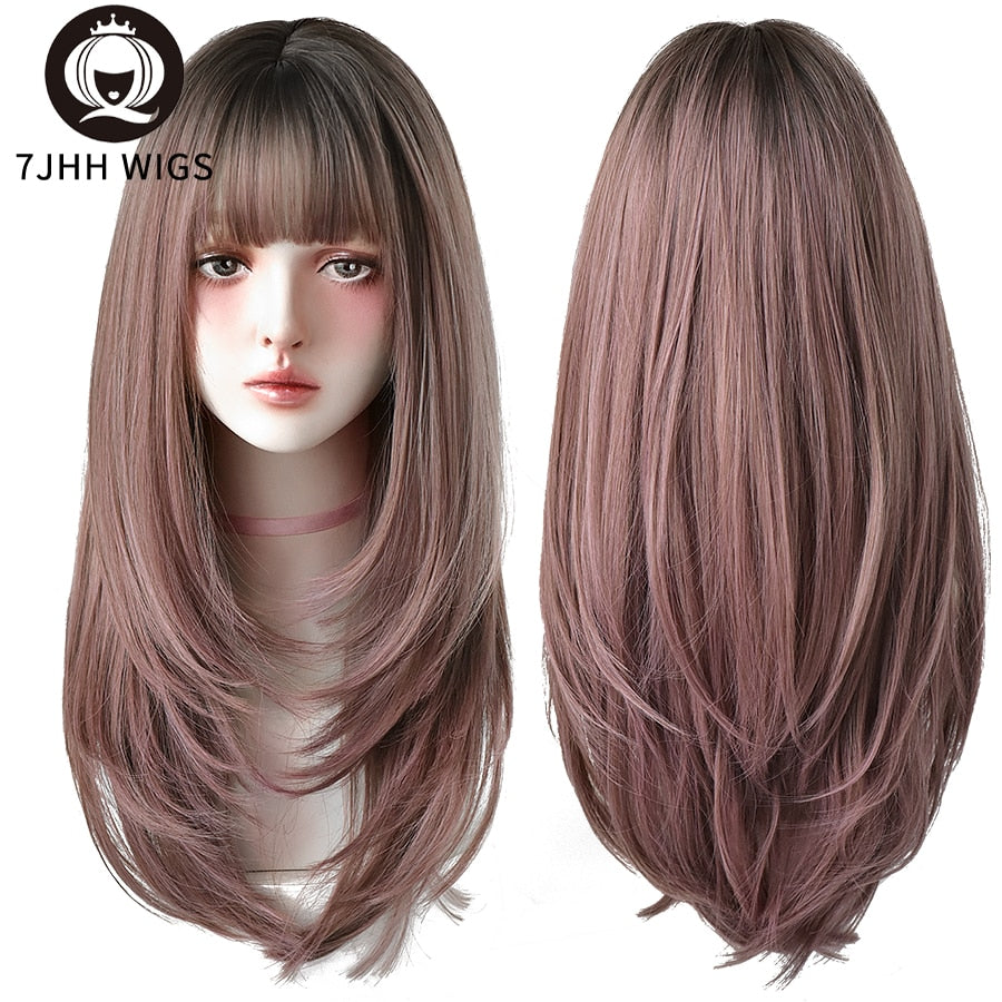 Synthetic Wigs Long Straight Pink Brown Hair Top Dyed Black Omber Wigs With Bangs For Women Heat Resistant Wigs