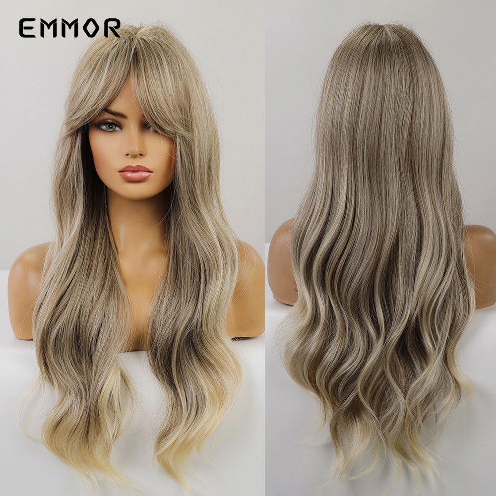 Synthetic Ombre brown to Light Blonde Hair Wig with Bangs Natural Wavy Wig for Women Cosplay Heat Resistant Fiber Wigs