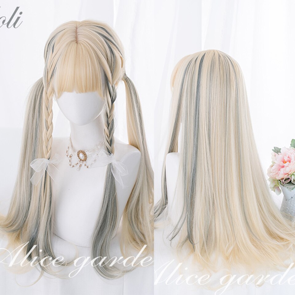 Synthetic long wavy curly hair female cold brown black cosplay Lolita pink purple blue wig heat-resistant bangs