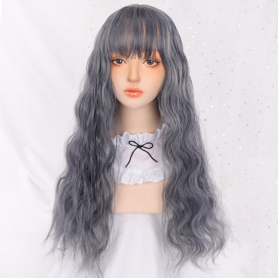 lolita wigs Long straight wigs lady gray blue high temperature resistant synthetic wig cosplay party natural wig