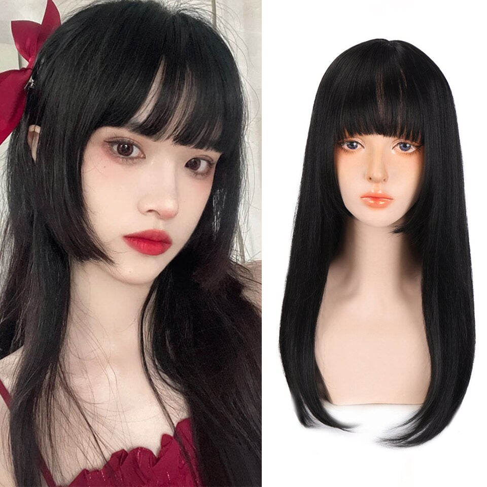 Long straight hair synthetic wig girl pink white gradient bangs cosplay Lolita party heat-resistant wigs