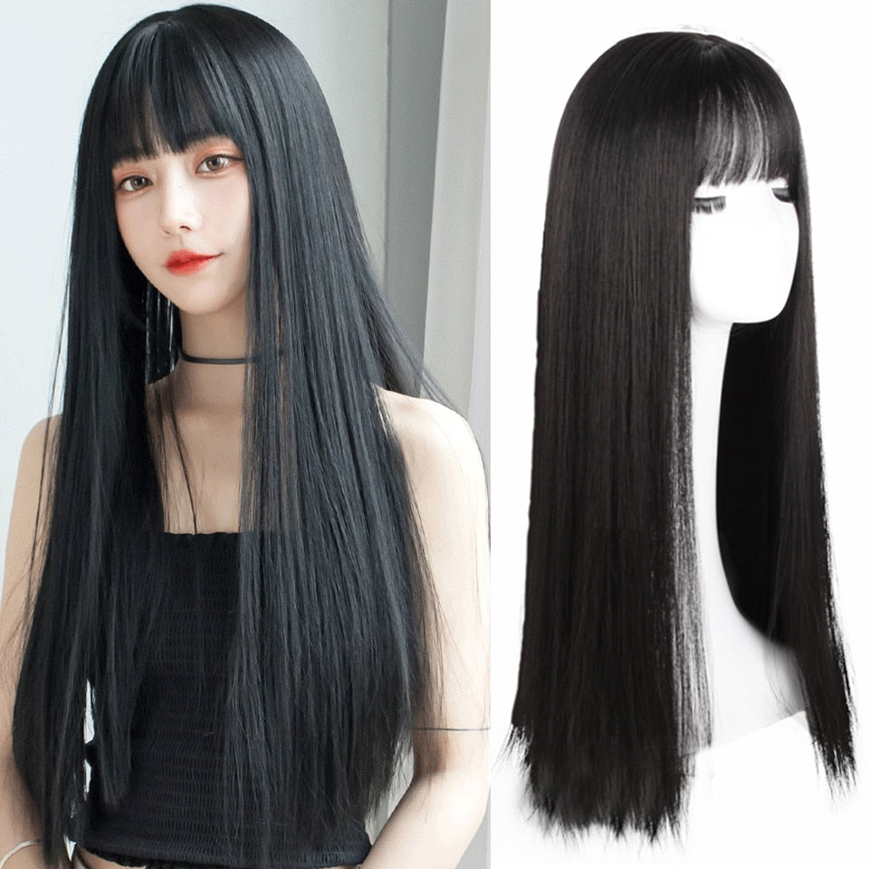 Long straight hair synthetic wig girl pink white gradient bangs cosplay Lolita party heat-resistant wigs
