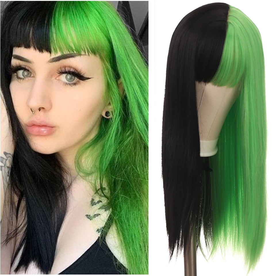 Long straight hair synthetic wig girl pink white gradient bangs cosplay Lolita party heat-resistant wigs