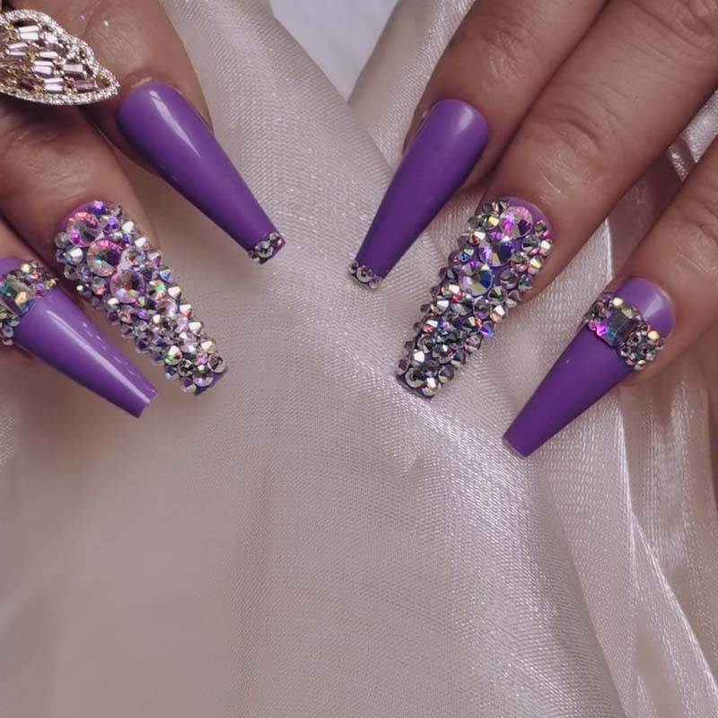 24pcs luxury jewelry long ballet coffin fake nails crystal diamond purple