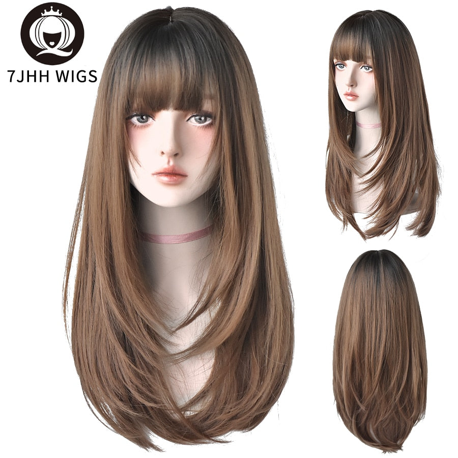 Synthetic Wigs Long Straight Pink Brown Hair Top Dyed Black Omber Wigs With Bangs For Women Heat Resistant Wigs