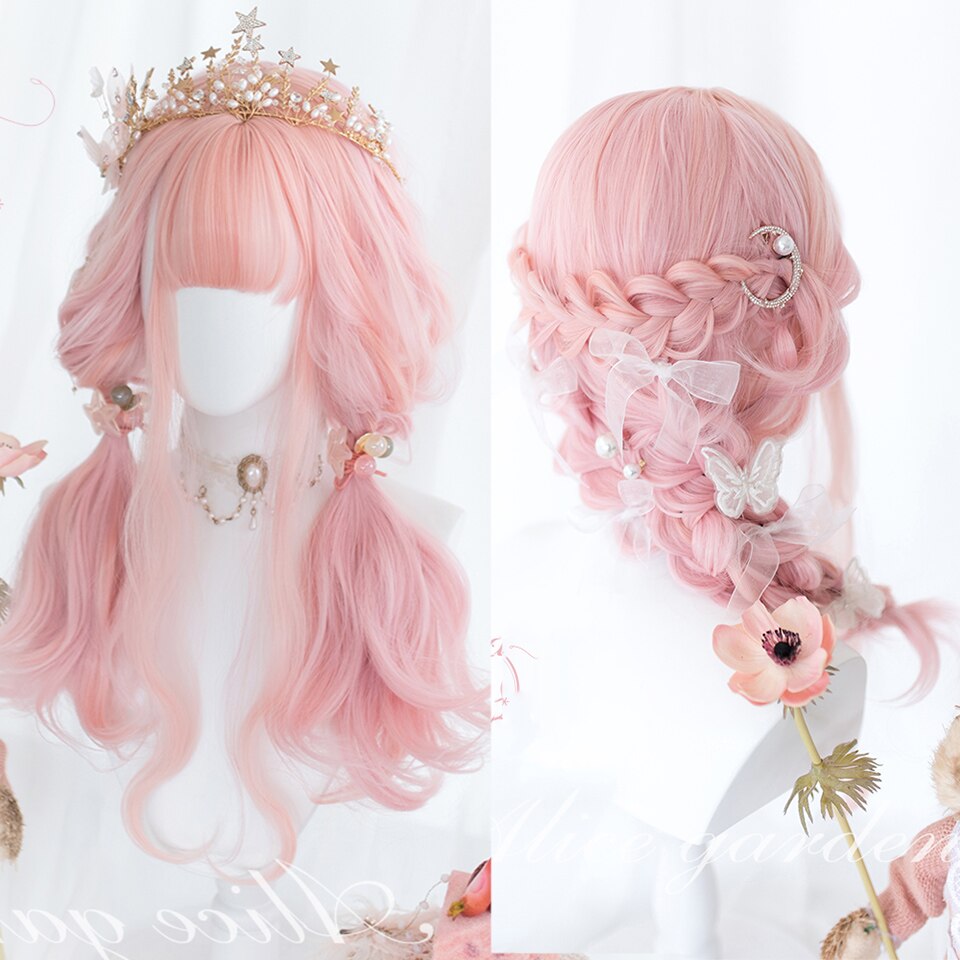 Synthetic long wavy curly hair female cold brown black cosplay Lolita pink purple blue wig heat-resistant bangs