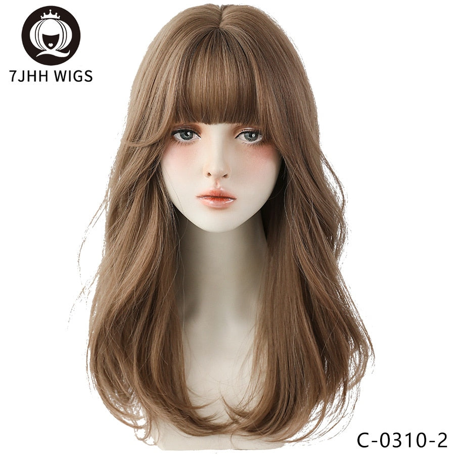 WIGS Long Wavy Curly Black Brown Synthetic Blend Wigs With Fluffy Bangs For Women Daily Wear Four Seasons Hair