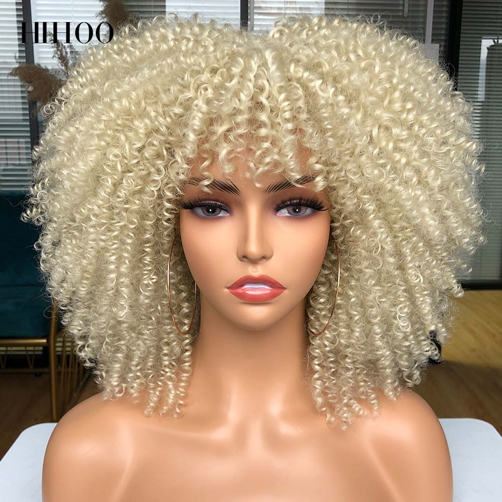Short Hair Afro Kinky Curly Wigs With Bangs For Black Women Cosplay Lolita Synthetic Natural Blonde Wig Red Blue Orange Wig