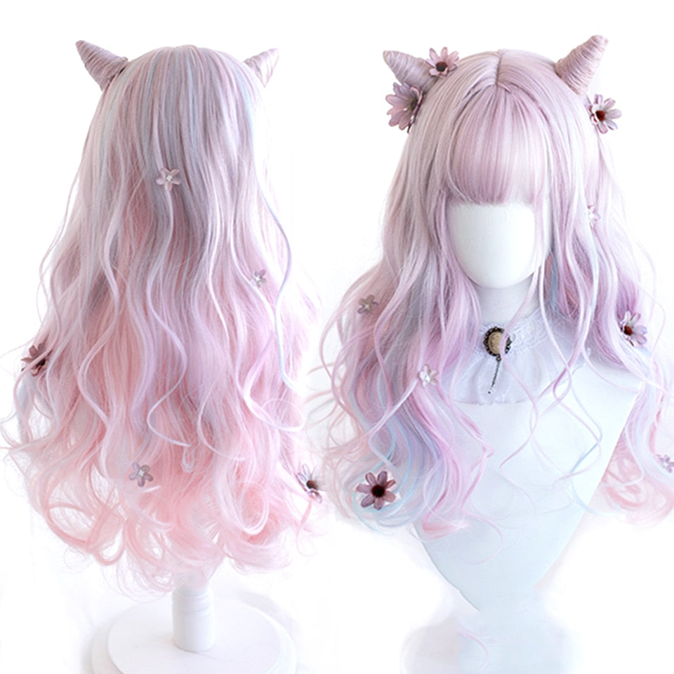 lolita wigs Long straight wigs lady gray blue high temperature resistant synthetic wig cosplay party natural wig