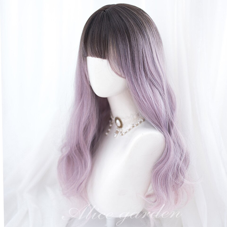 Synthetic long wavy curly hair female cold brown black cosplay Lolita pink purple blue wig heat-resistant bangs