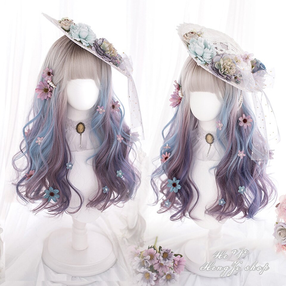 Synthetic long wavy curly hair female cold brown black cosplay Lolita pink purple blue wig heat-resistant bangs