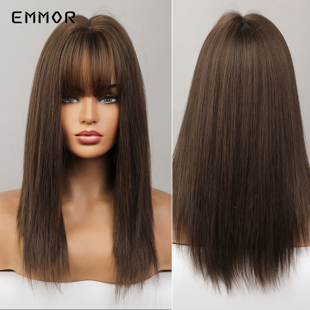 Synthetic Wigs Ombre Pink Brown Wig With Bangs Layered Hair Cosplay Daily Party Natural Heat Resistant Wigs for Women