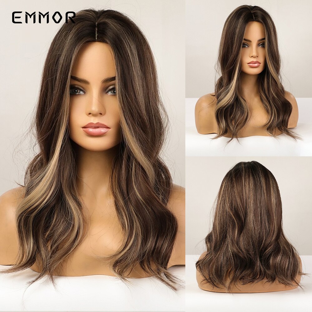Synthetic Women Long Wavy Wigs Brown with Blonde Wigs Natural Wavy Heat Resistant Wig for Women Wigs