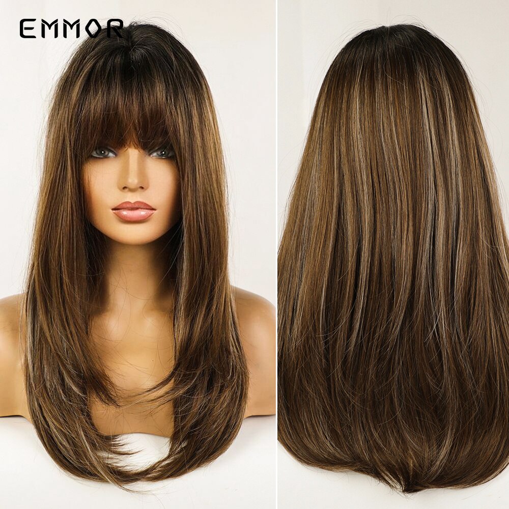 Synthetic Wigs Ombre Pink Brown Wig With Bangs Layered Hair Cosplay Daily Party Natural Heat Resistant Wigs for Women
