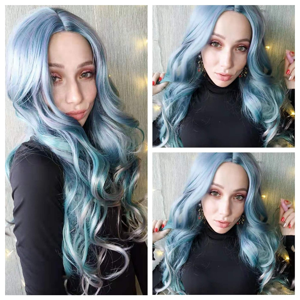 Long Wavy Synthetic Wigs Heat Resistant Middle Part Mix Blue Cosplay Hair For Women African American Natural Party Wigs