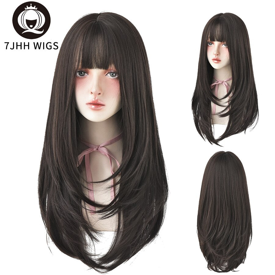 Synthetic Wigs Long Straight Pink Brown Hair Top Dyed Black Omber Wigs With Bangs For Women Heat Resistant Wigs