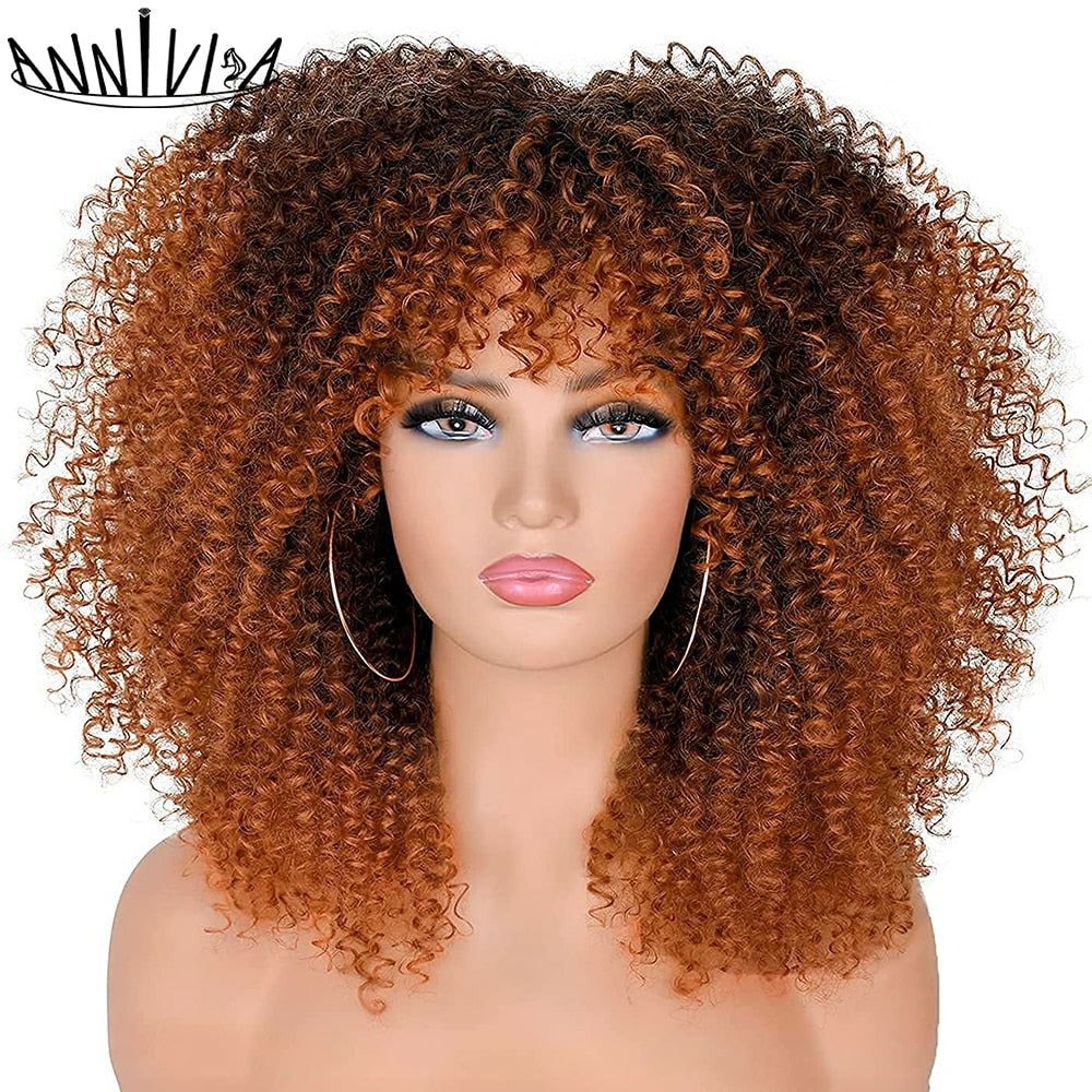 Curly Afro Wigs For Black Women Short Kinky Curly Wigs With Bangs 16inch Brown Afro Hair Synthetic Fibre Glueless Cosplay Hair