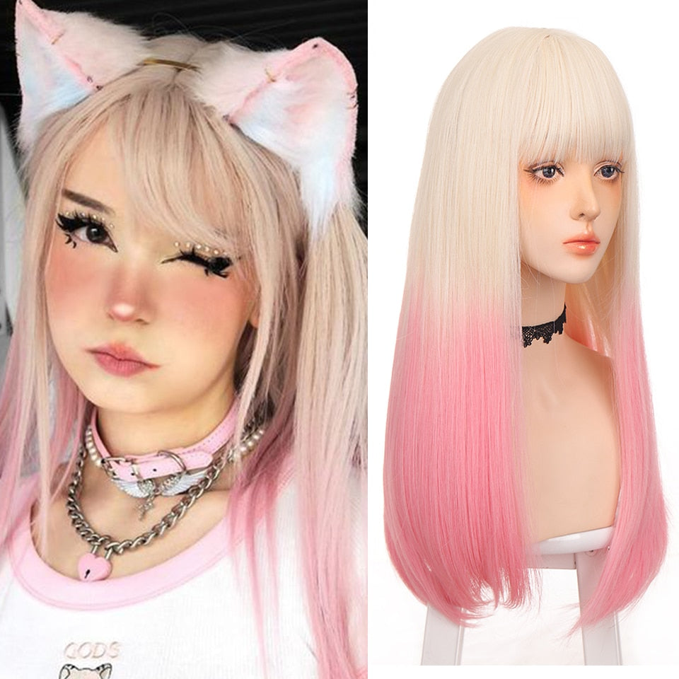 Long straight hair synthetic wig girl pink white gradient bangs cosplay Lolita party heat-resistant wigs