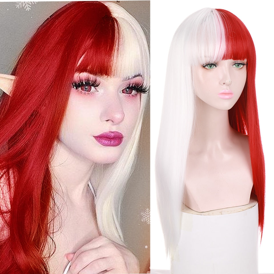 Long straight hair synthetic wig girl pink white gradient bangs cosplay Lolita party heat-resistant wigs