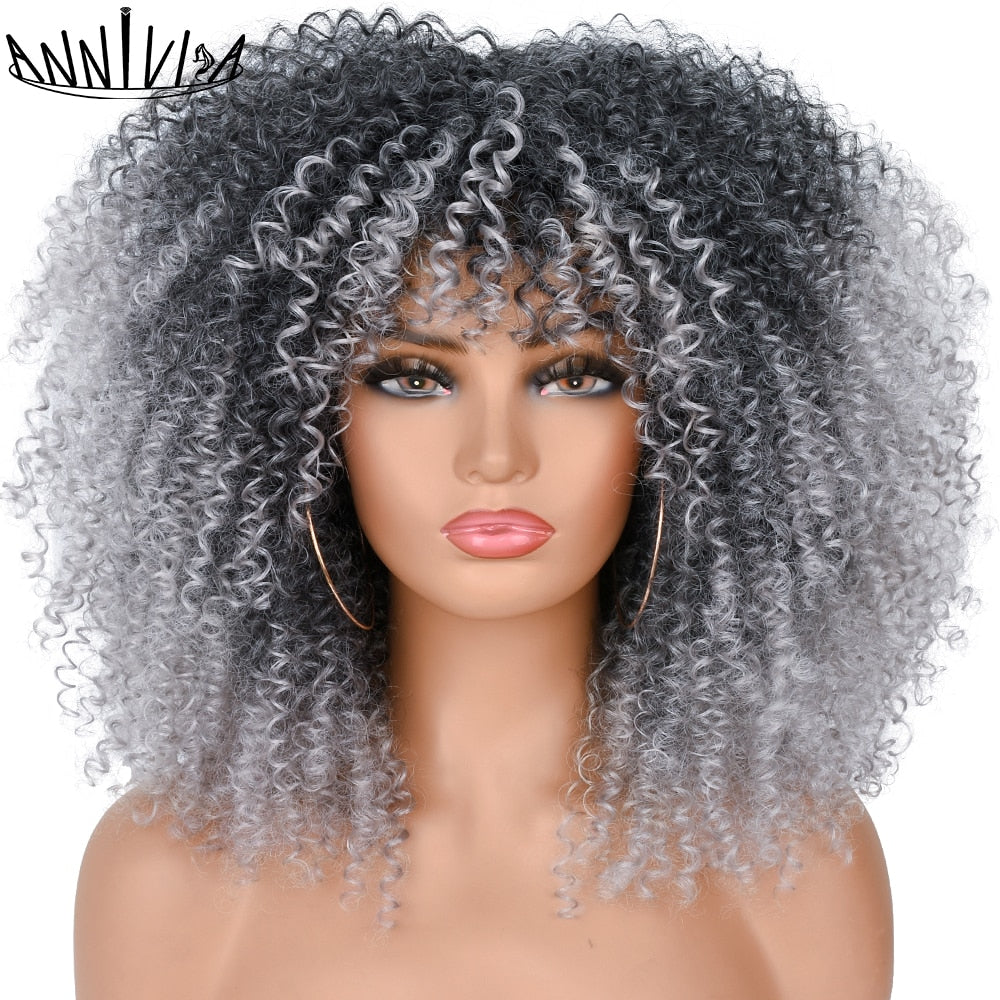 Curly Afro Wigs For Black Women Short Kinky Curly Wigs With Bangs 16inch Brown Afro Hair Synthetic Fibre Glueless Cosplay Hair
