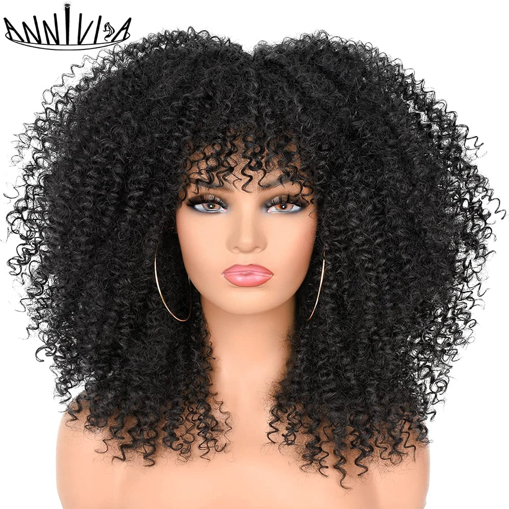 Curly Afro Wigs For Black Women Short Kinky Curly Wigs With Bangs 16inch Brown Afro Hair Synthetic Fibre Glueless Cosplay Hair