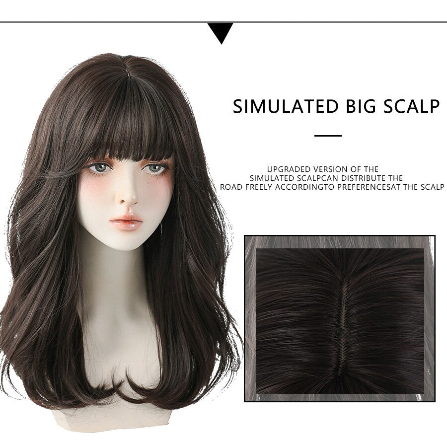 WIGS Long Wavy Curly Black Brown Synthetic Blend Wigs With Fluffy Bangs For Women Daily Wear Four Seasons Hair