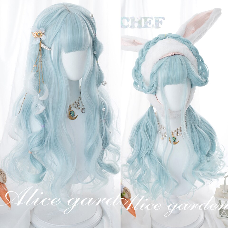 Synthetic long wavy curly hair female cold brown black cosplay Lolita pink purple blue wig heat-resistant bangs