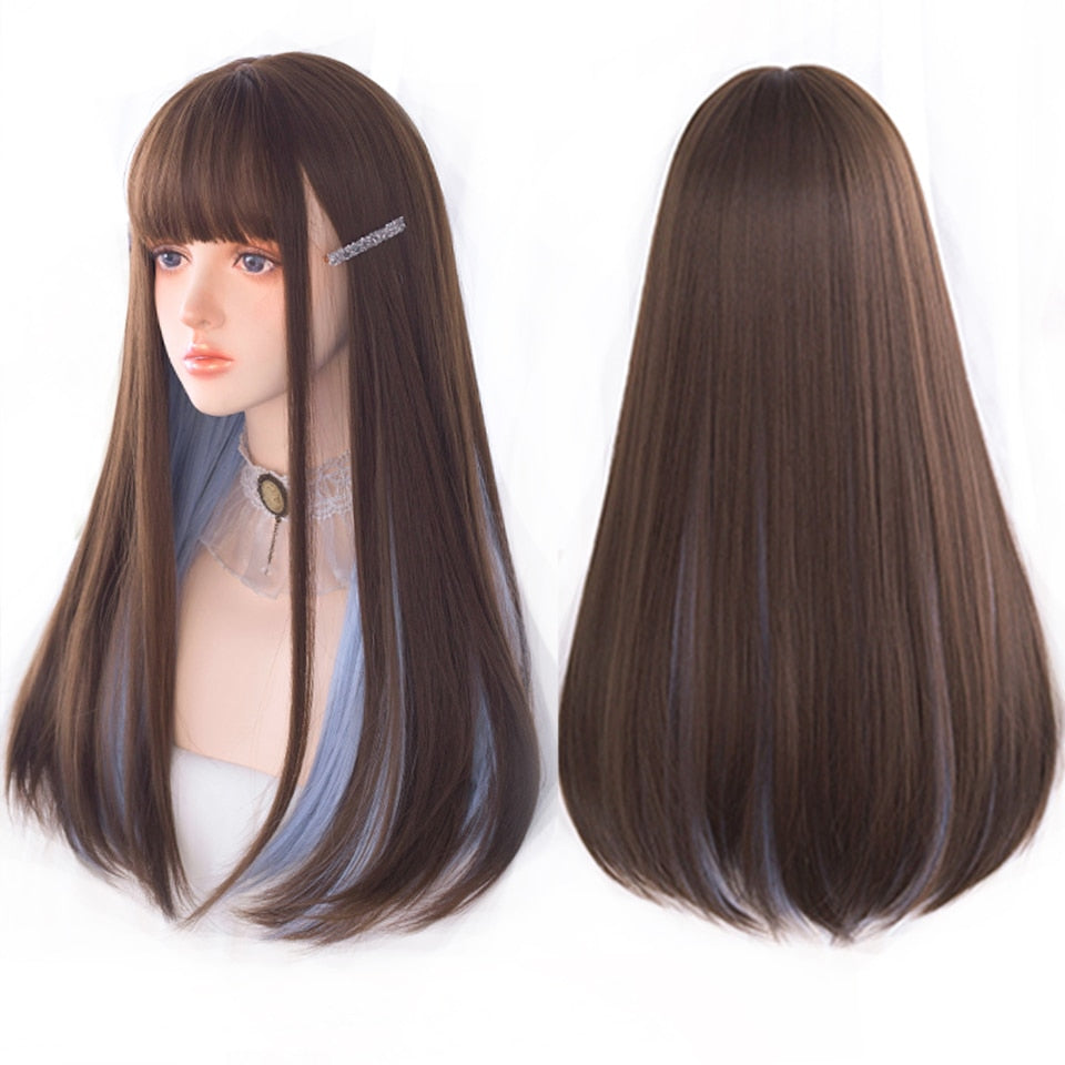 lolita wigs Long straight wigs lady gray blue high temperature resistant synthetic wig cosplay party natural wig