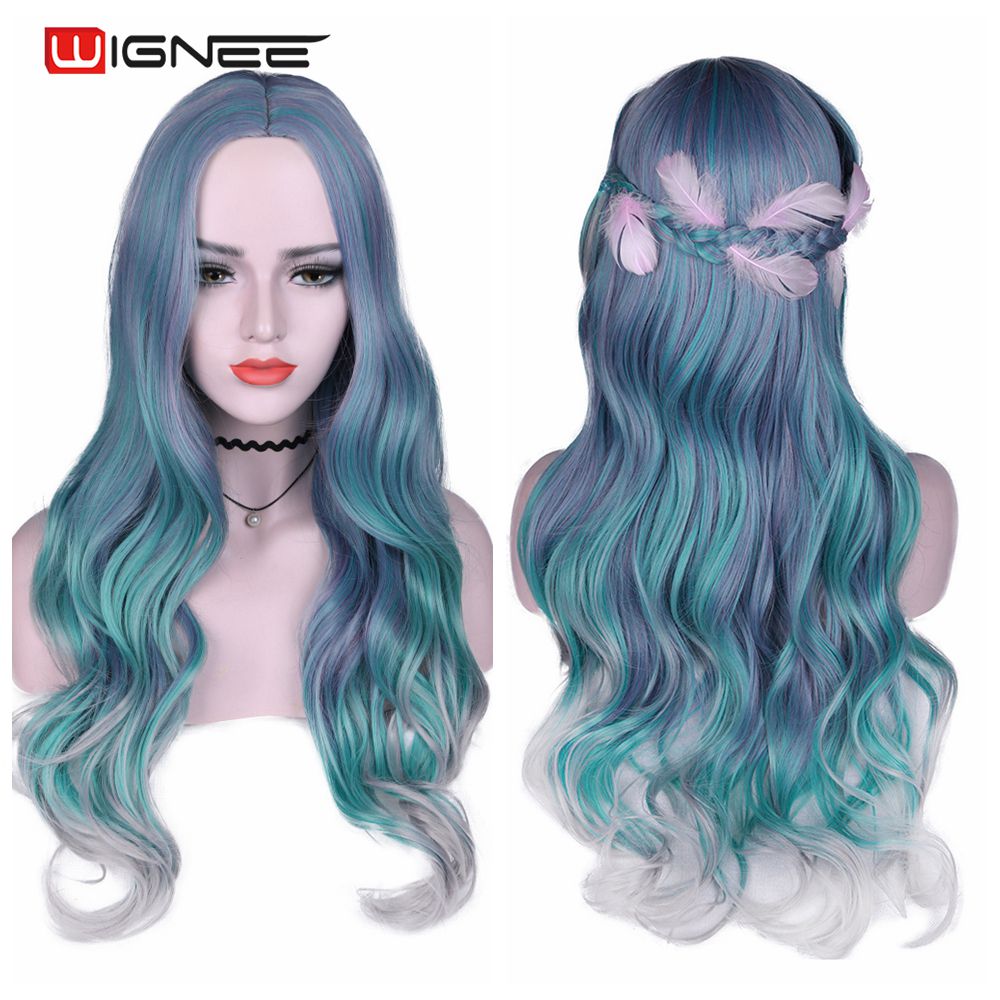 Long Wavy Synthetic Wigs Heat Resistant Middle Part Mix Blue Cosplay Hair For Women African American Natural Party Wigs