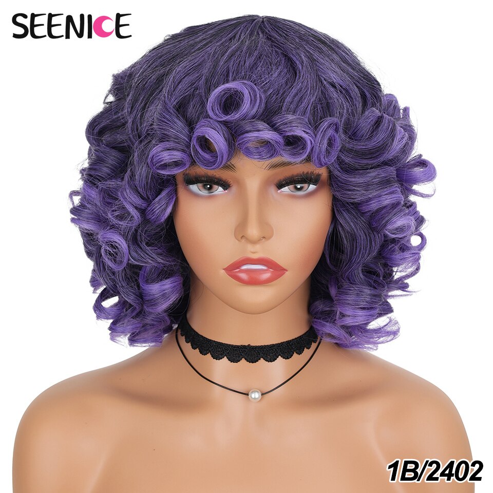 Short Hair Afro Kinky Curly Wigs With Bangs For Black Women Fluffy Synthetic African Ombre Glueless Cosplay Natural Brown Wigs