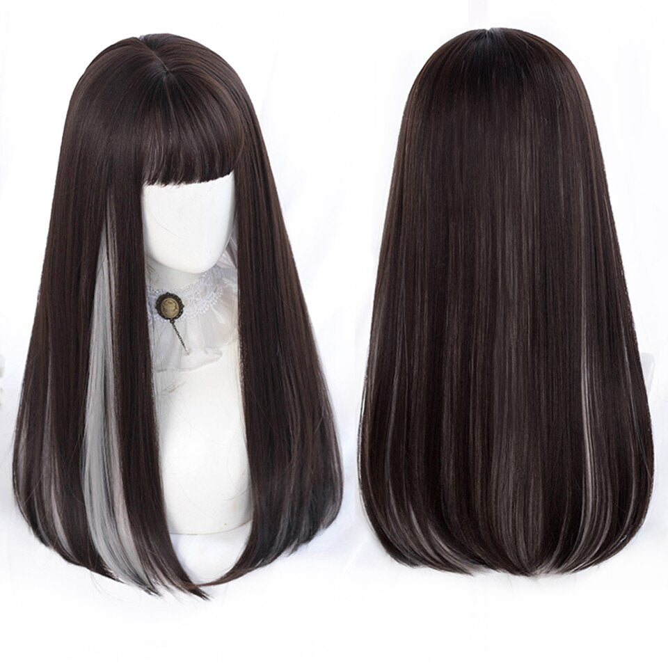 lolita wigs Long straight wigs lady gray blue high temperature resistant synthetic wig cosplay party natural wig