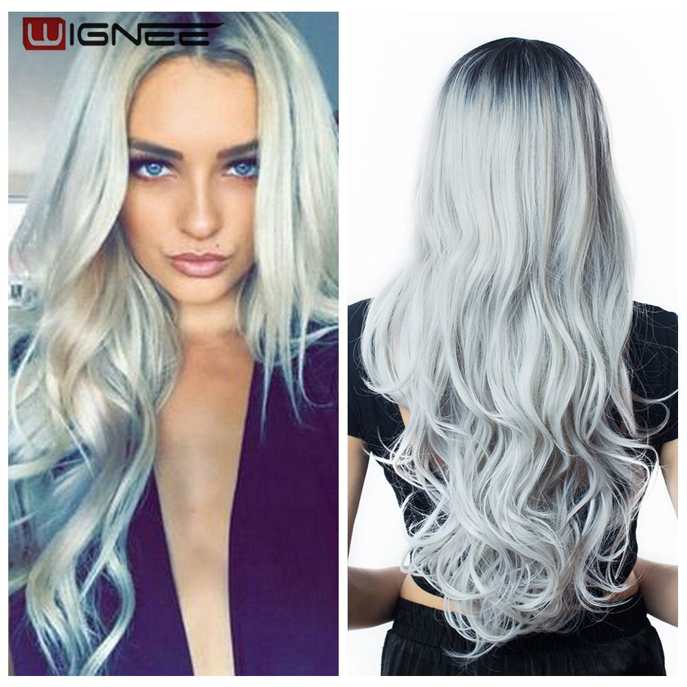 Long Wavy Synthetic Wigs Heat Resistant Middle Part Mix Blue Cosplay Hair For Women African American Natural Party Wigs