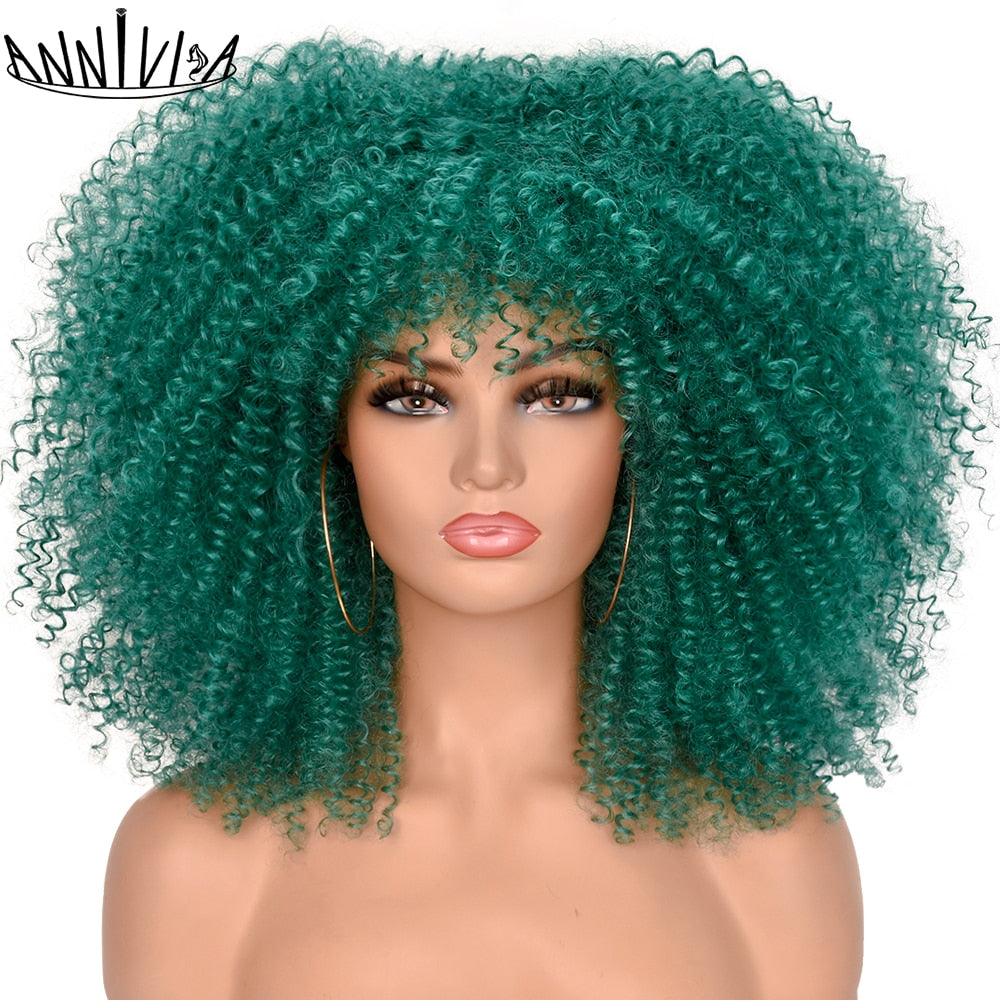 Curly Afro Wigs For Black Women Short Kinky Curly Wigs With Bangs 16inch Brown Afro Hair Synthetic Fibre Glueless Cosplay Hair