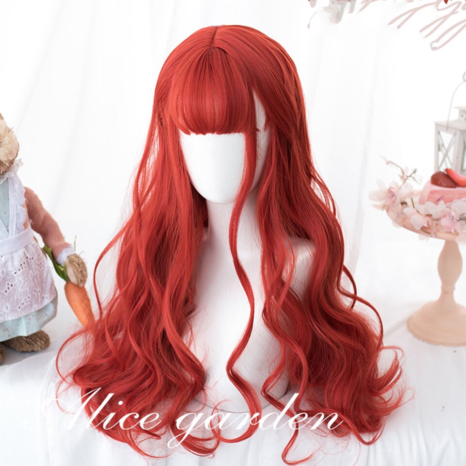 Synthetic long wavy curly hair female cold brown black cosplay Lolita pink purple blue wig heat-resistant bangs