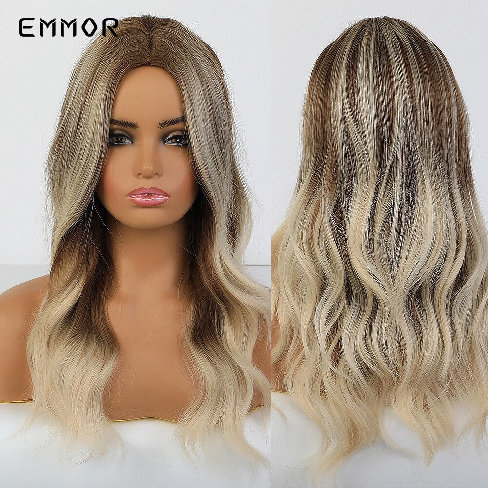 Synthetic Women Long Wavy Wigs Brown with Blonde Wigs Natural Wavy Heat Resistant Wig for Women Wigs