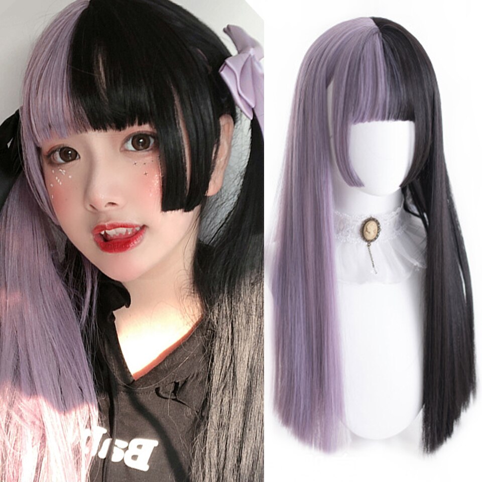 Long straight hair synthetic wig girl pink white gradient bangs cosplay Lolita party heat-resistant wigs