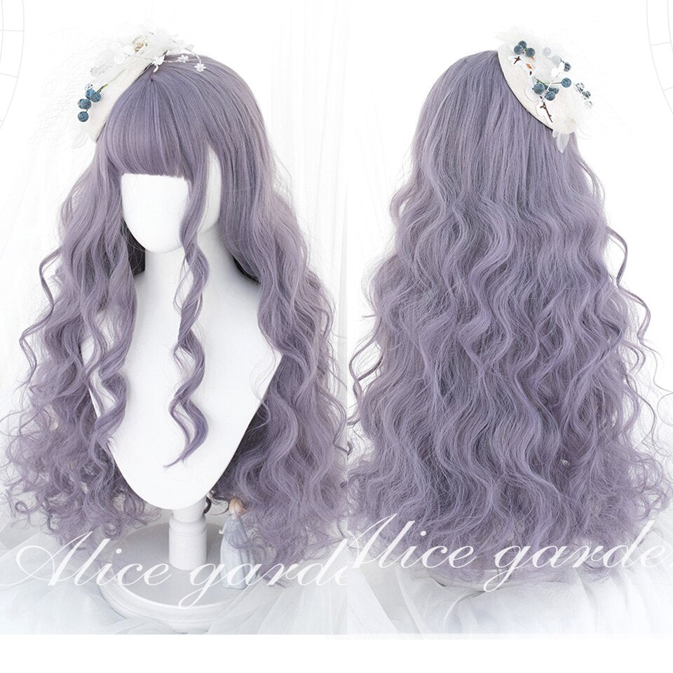 Synthetic long wavy curly hair female cold brown black cosplay Lolita pink purple blue wig heat-resistant bangs