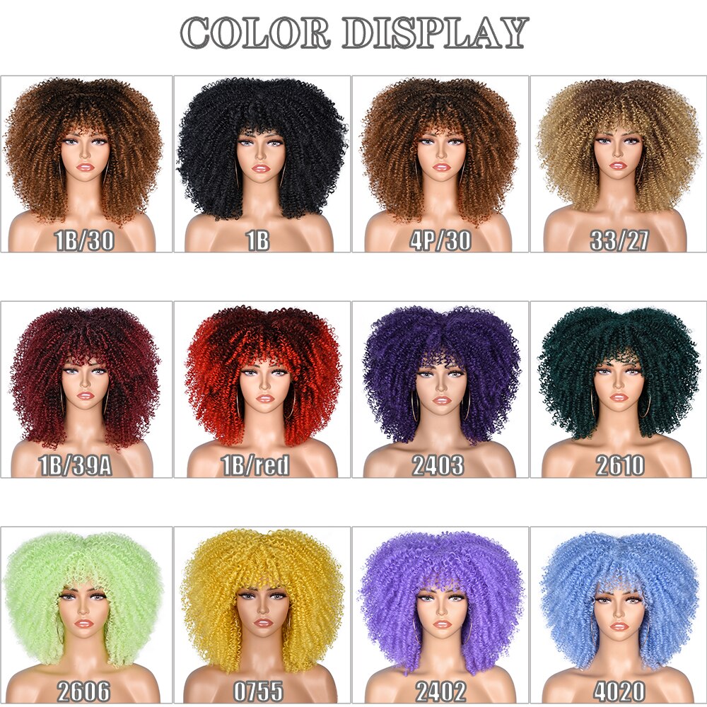 Short Hair Afro Kinky Curly Wigs With Bangs For Black Women Cosplay Lolita Synthetic Natural Blonde Wig Red Blue Orange Wig