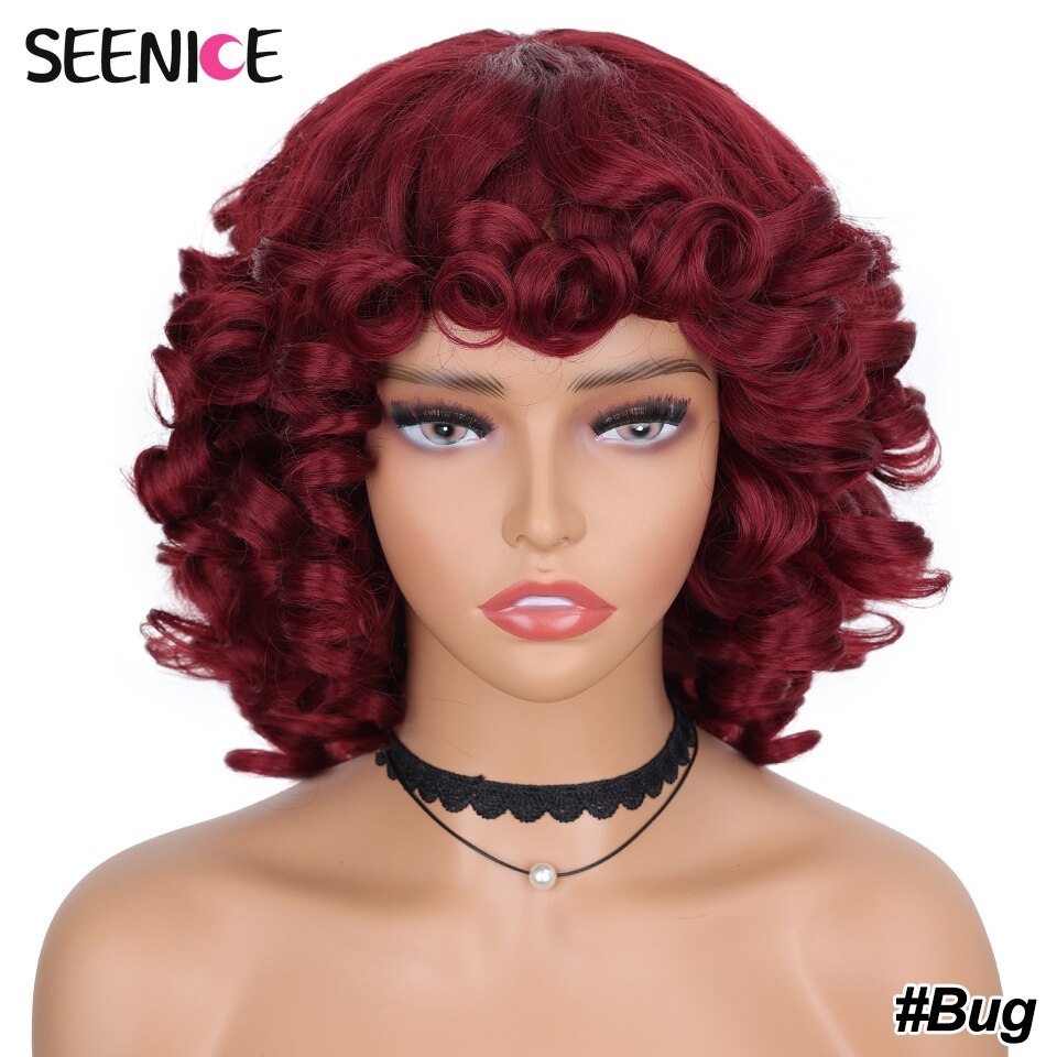 Short Hair Afro Kinky Curly Wigs With Bangs For Black Women Fluffy Synthetic African Ombre Glueless Cosplay Natural Brown Wigs