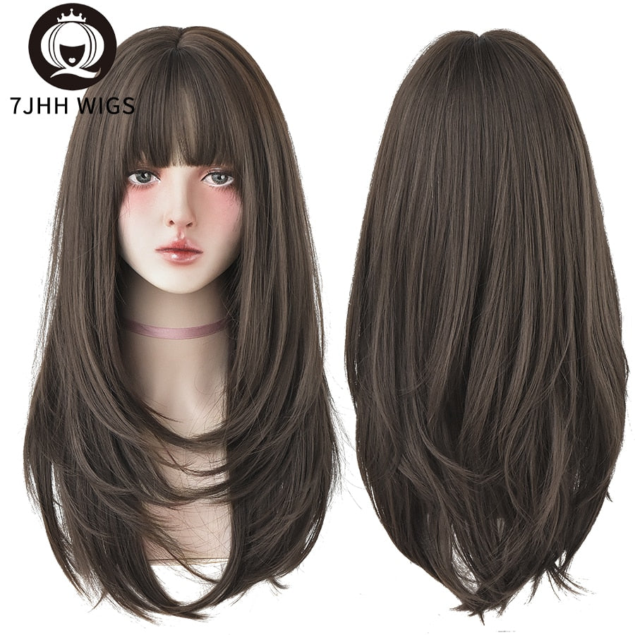 Synthetic Wigs Long Straight Pink Brown Hair Top Dyed Black Omber Wigs With Bangs For Women Heat Resistant Wigs