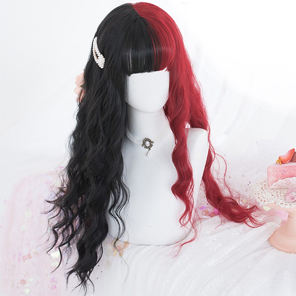 Synthetic long wavy curly hair female cold brown black cosplay Lolita pink purple blue wig heat-resistant bangs