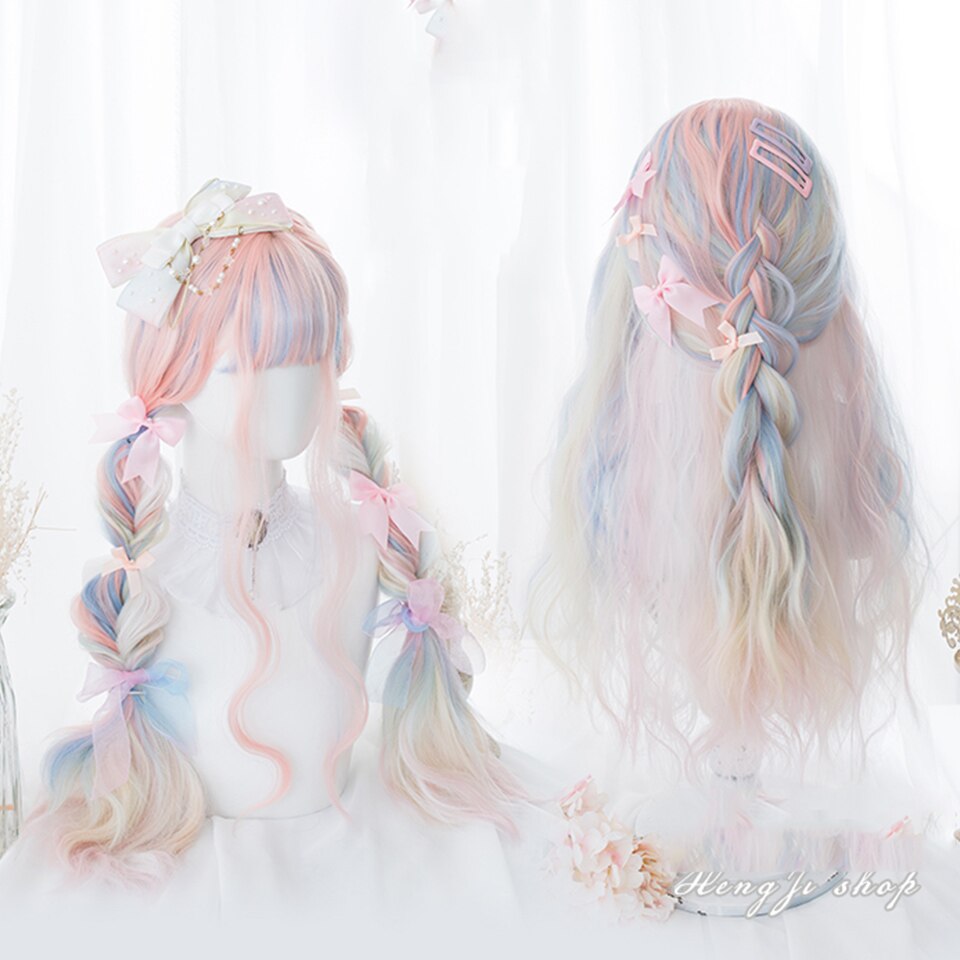 Synthetic long wavy curly hair female cold brown black cosplay Lolita pink purple blue wig heat-resistant bangs
