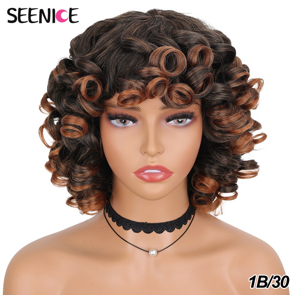 Short Hair Afro Kinky Curly Wigs With Bangs For Black Women Fluffy Synthetic African Ombre Glueless Cosplay Natural Brown Wigs
