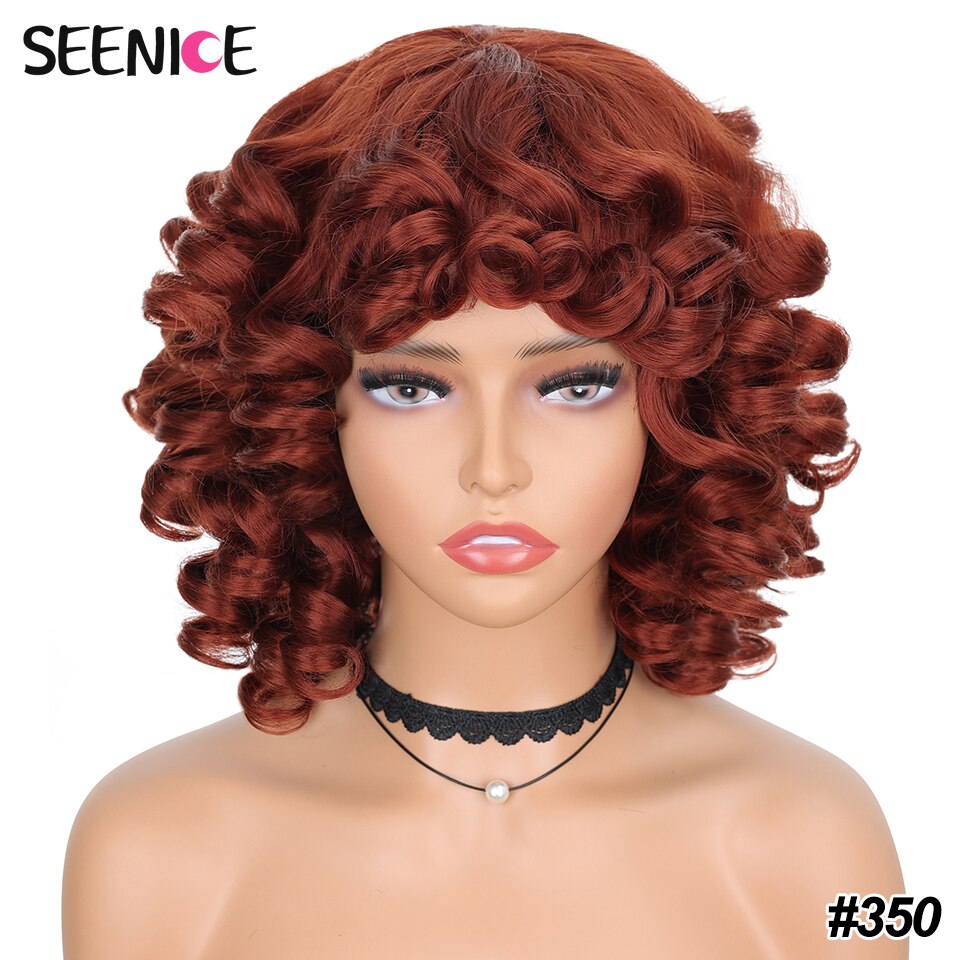 Short Hair Afro Kinky Curly Wigs With Bangs For Black Women Fluffy Synthetic African Ombre Glueless Cosplay Natural Brown Wigs
