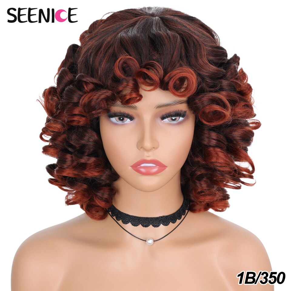 Short Hair Afro Kinky Curly Wigs With Bangs For Black Women Fluffy Synthetic African Ombre Glueless Cosplay Natural Brown Wigs