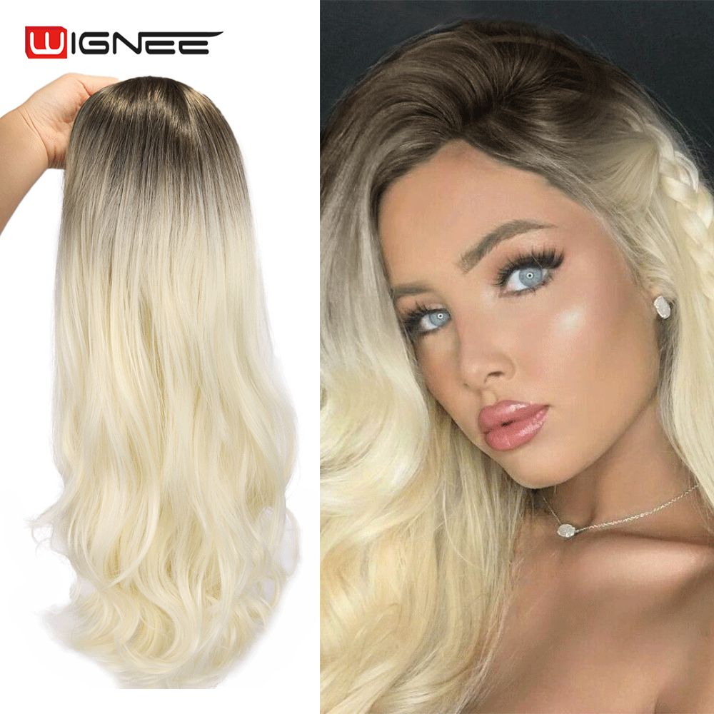 Long Wavy Synthetic Wigs Heat Resistant Middle Part Mix Blue Cosplay Hair For Women African American Natural Party Wigs