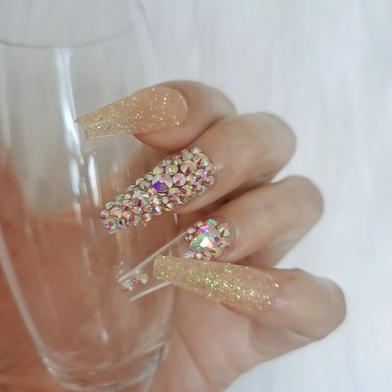 24pcs luxury jewelry long ballet coffin fake nails crystal diamond Transparent