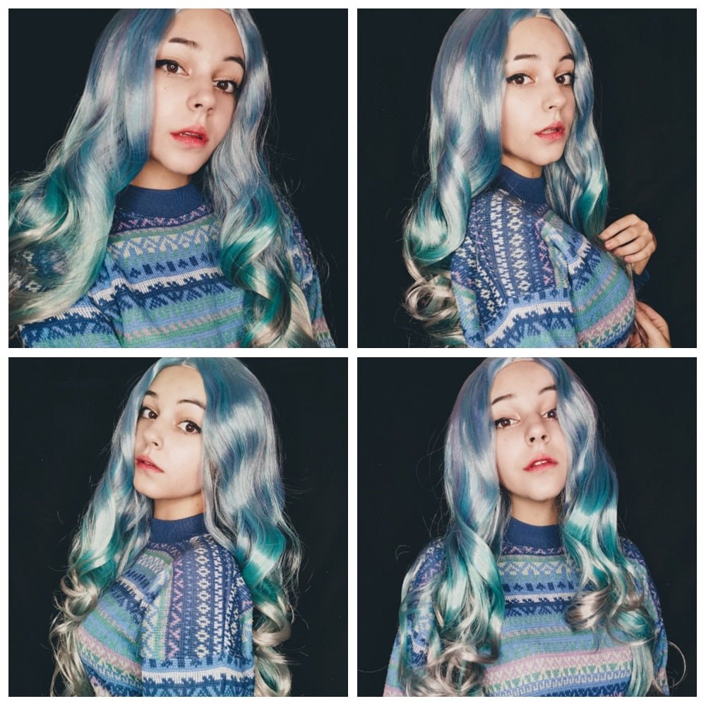 Long Wavy Synthetic Wigs Heat Resistant Middle Part Mix Blue Cosplay Hair For Women African American Natural Party Wigs