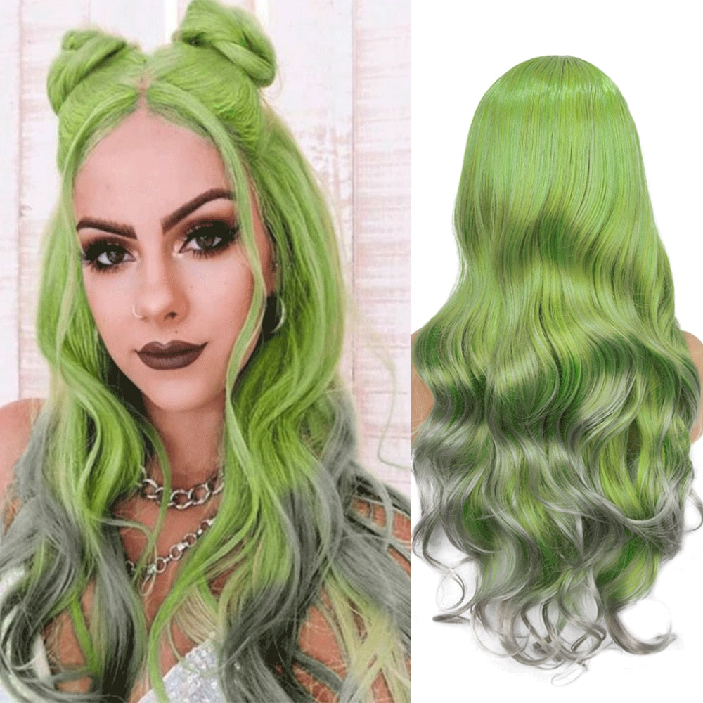 Long Wavy Synthetic Wigs Heat Resistant Middle Part Mix Blue Cosplay Hair For Women African American Natural Party Wigs