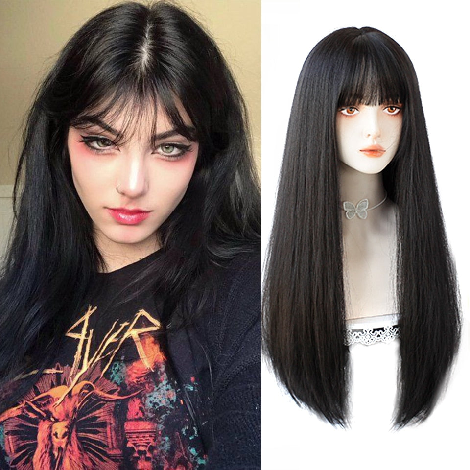 Long straight hair synthetic wig girl pink white gradient bangs cosplay Lolita party heat-resistant wigs